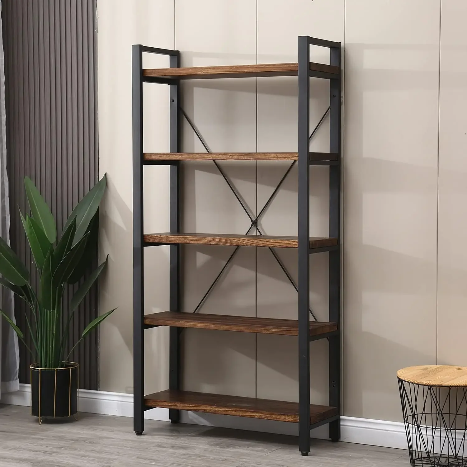 

5 Tier Bookcase, Solid Wood Bookshelf Rustic Vintage Industrial Etagere Bookcase, Metal and Wood Free Vintage Bookshelf