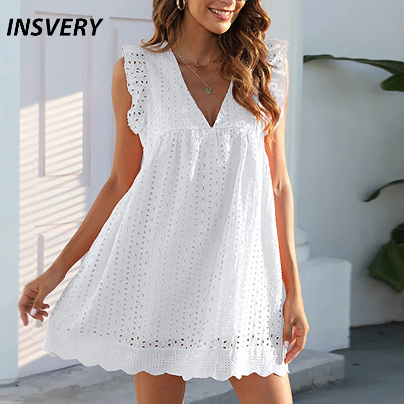 

Summer Casual Short Dress Women V Neck Ruffle Design Lace Hollow Out Design Beach Mini Dresses For Women