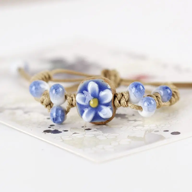 2022 Tendy Lucky Retro Style Flower Ceramic Beads Woven Bracelet Charm Design Jewelry For Girls Princess Popular Gift Handmade