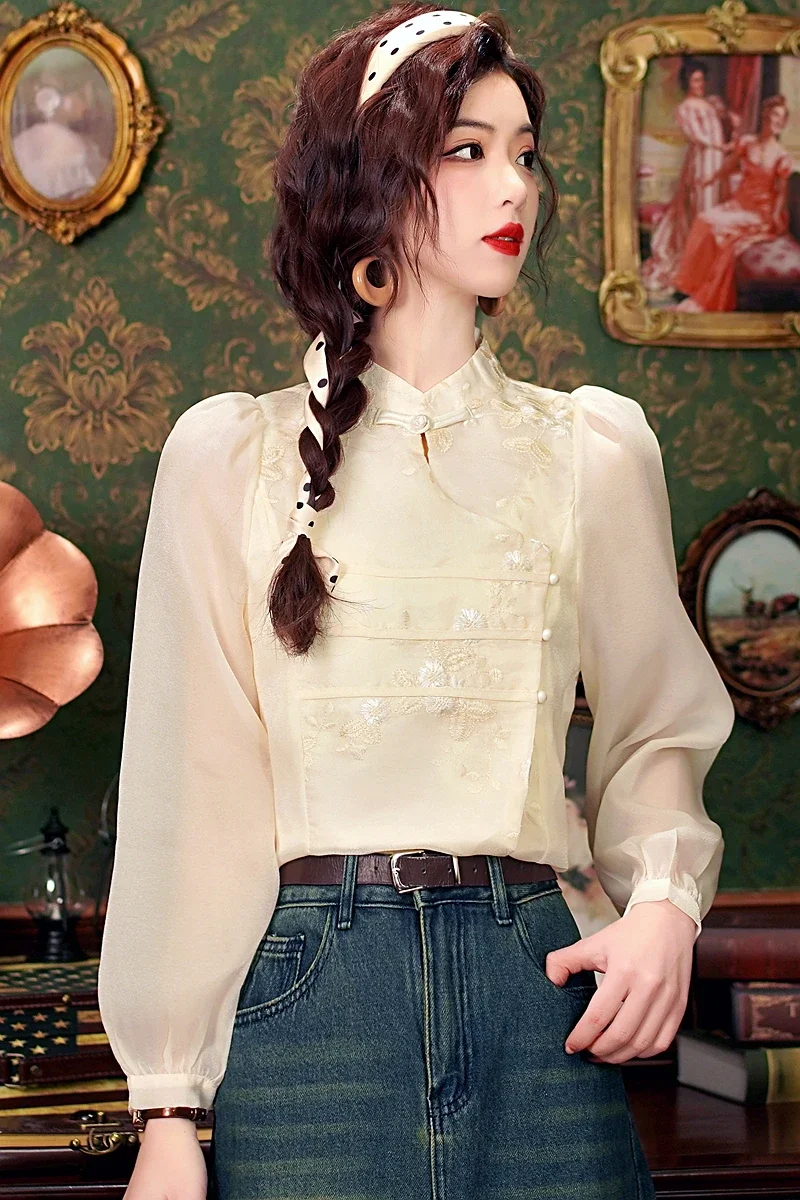 Fashion Chinese Style Embroidery Chiffon Women Blouse Shirt Tops Blusas Mujer De Moda 2024 Long Sleeve Blouse Women Blusa H518