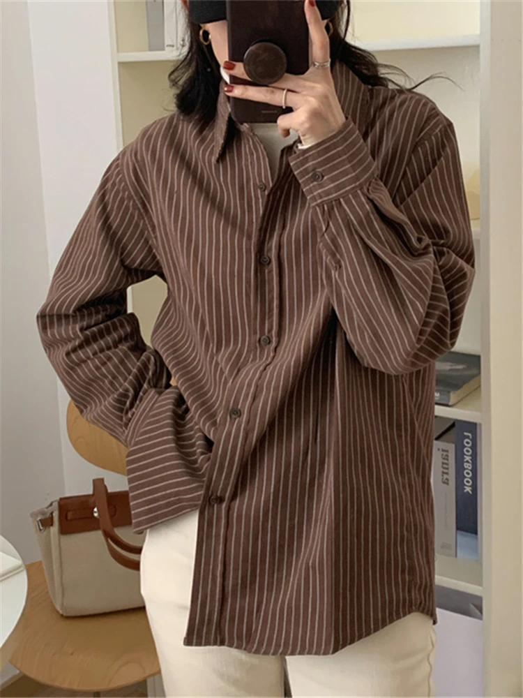 BL9352 New 2024 Fashionable Korean Striped Vintage Shirts Oversized Corduroy Spring Summer Women\'s Blouses Elegant Lady Tops