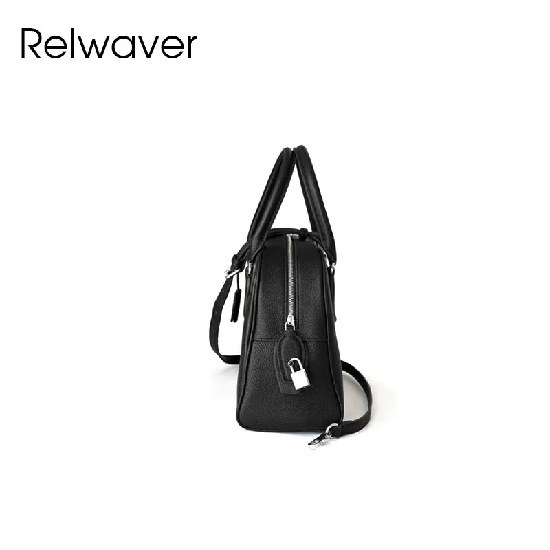 Relwaver genuine leather bowling bag 2025 spring versatile black women handbags fashion shoulder bag chic roomy crossbody bag