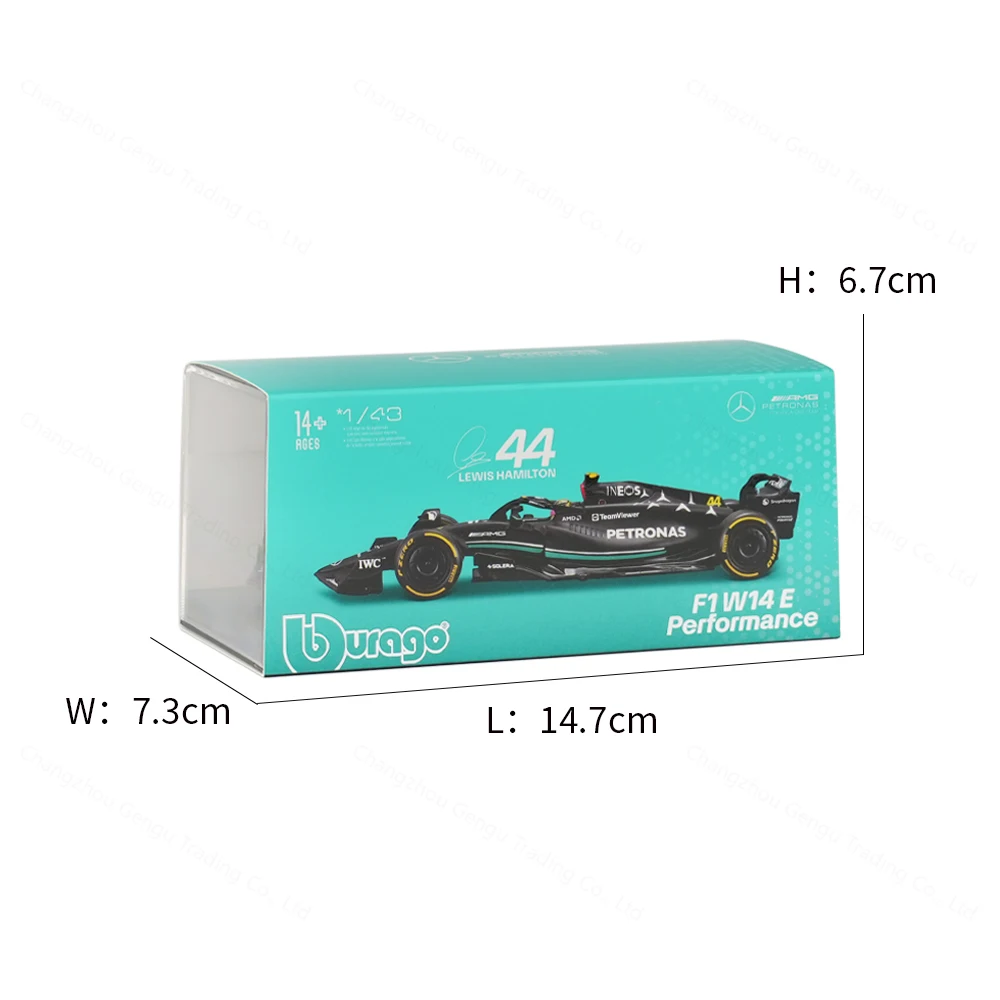 Bburago 1:43 Mercedes AMG 2023 W14 E Performance #44 Static Simulation Diecast Alloy Model F1 Racing Formula Car Acrylic Box