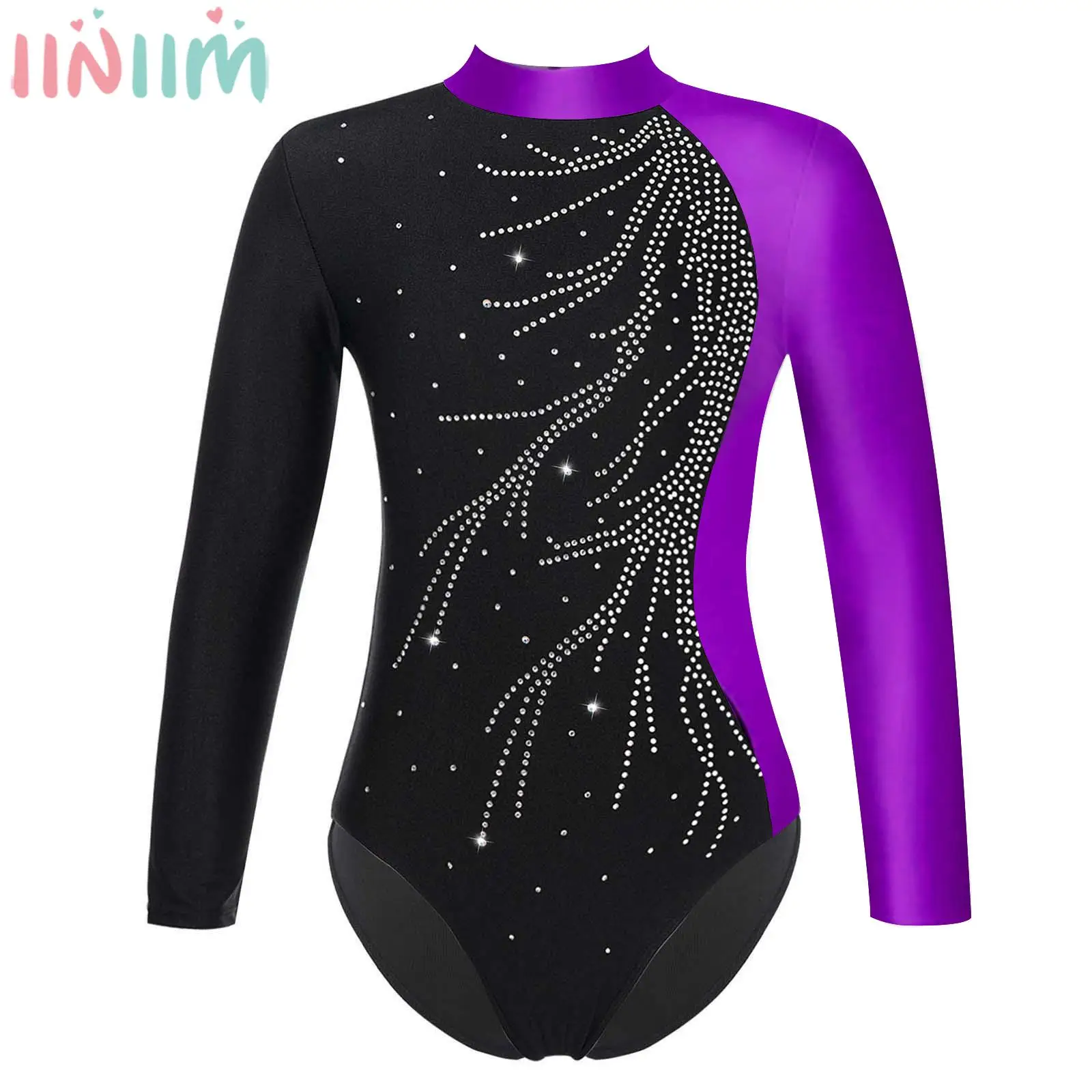 Kids Dance Bodysuit Girls Ballet Gymnastics Figure Skating Leotard Long Sleeve Shiny Rhinestones Catsuit Performance Dancewear