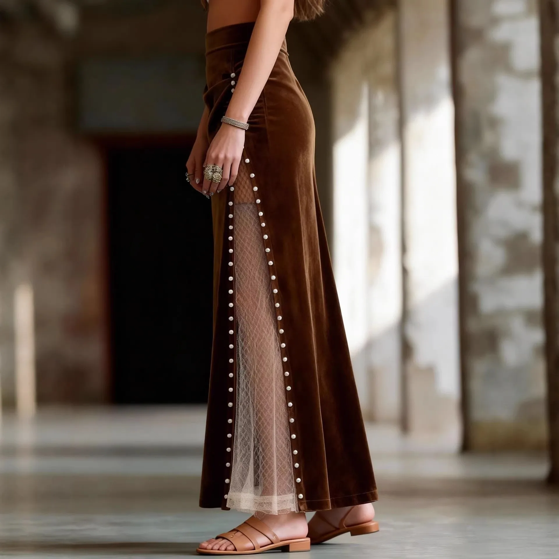 Seamless Patchwork Maxi Length Skirt with No Stretch Spring Long Skirt Literary Retro Casual Cross Border Style for Women