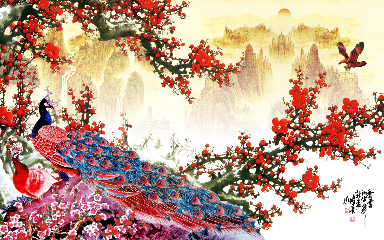 

Настенная роспись по индивидуальному заказу, картина с павлином, бамбуковые обои с цветком сливы, украшение для дома, водопад, пейзаж, 3d обои, фрески