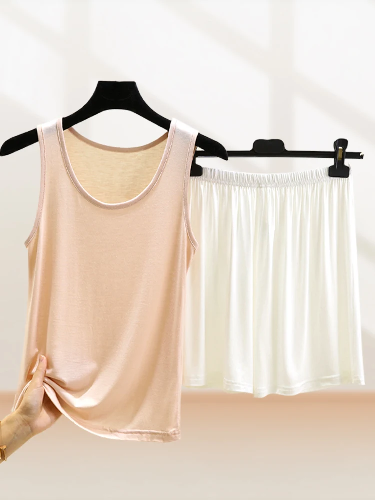 

Lightweight Modal Women's Home Clothes Set Short Sleeve Vest And Shorts Loose Fit Pure Color Base Two-Piece Suit for Summer