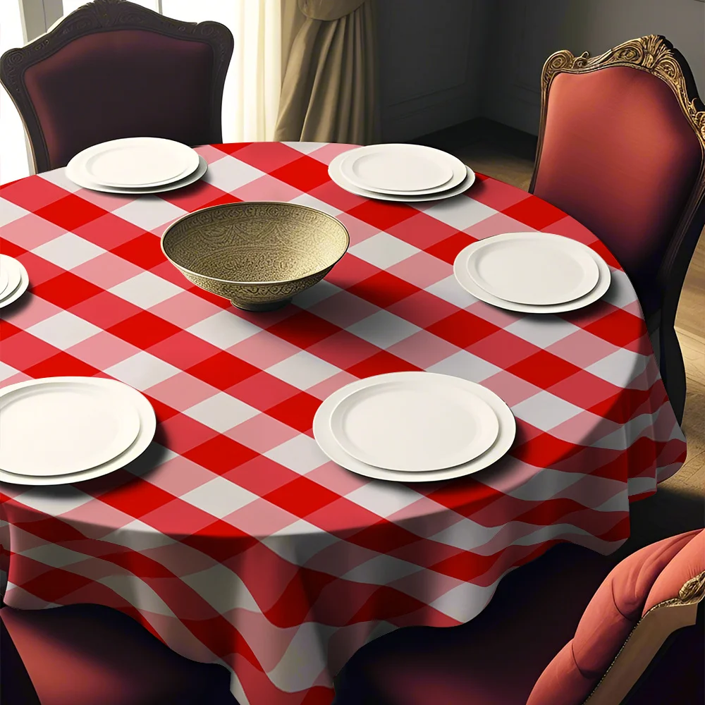 Vintage-style red and white checkered pattern printed round polyester tablecloth, suitable for parties