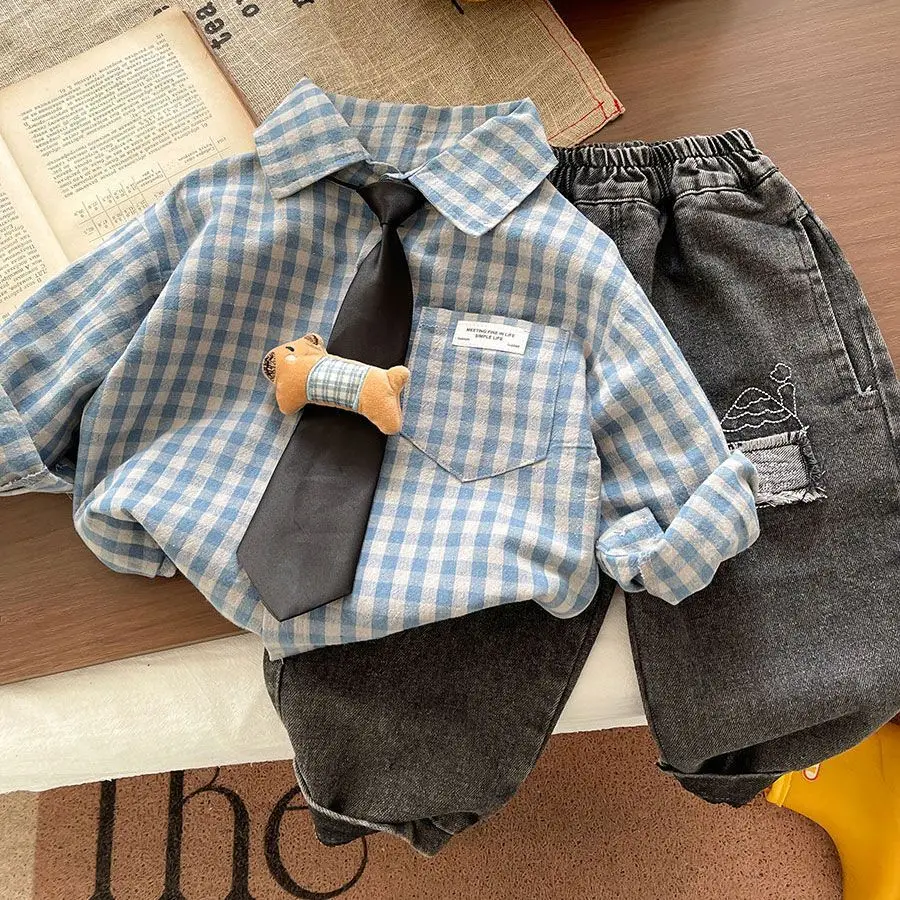 

Boys' Spring Clothing Set Spring and Autumn New Style Children's Fashionable Western Plaid Shirt+Jeans Two Piece Set
