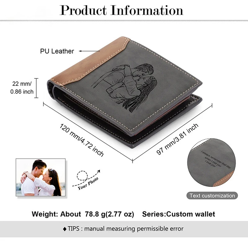 Custom Picture Wallets For Men Engraved Name Letters Multifunction PU Leather Wallet Personalzied Photo Short Purse Husband Gift