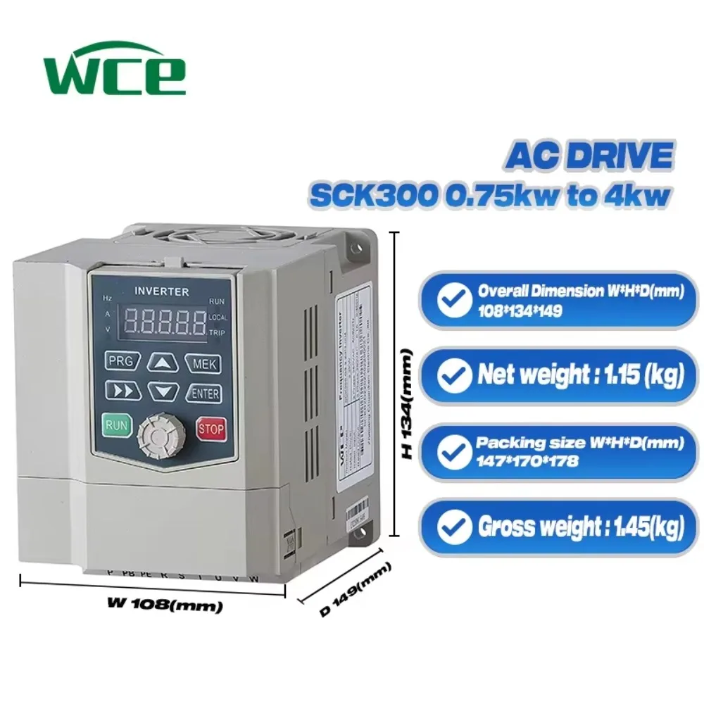 WCE SCK300 3 Phase VFD Variable Frequency Inverter, 220V/380V 0.75kW~4kW Output with RS485/Modbus Communication