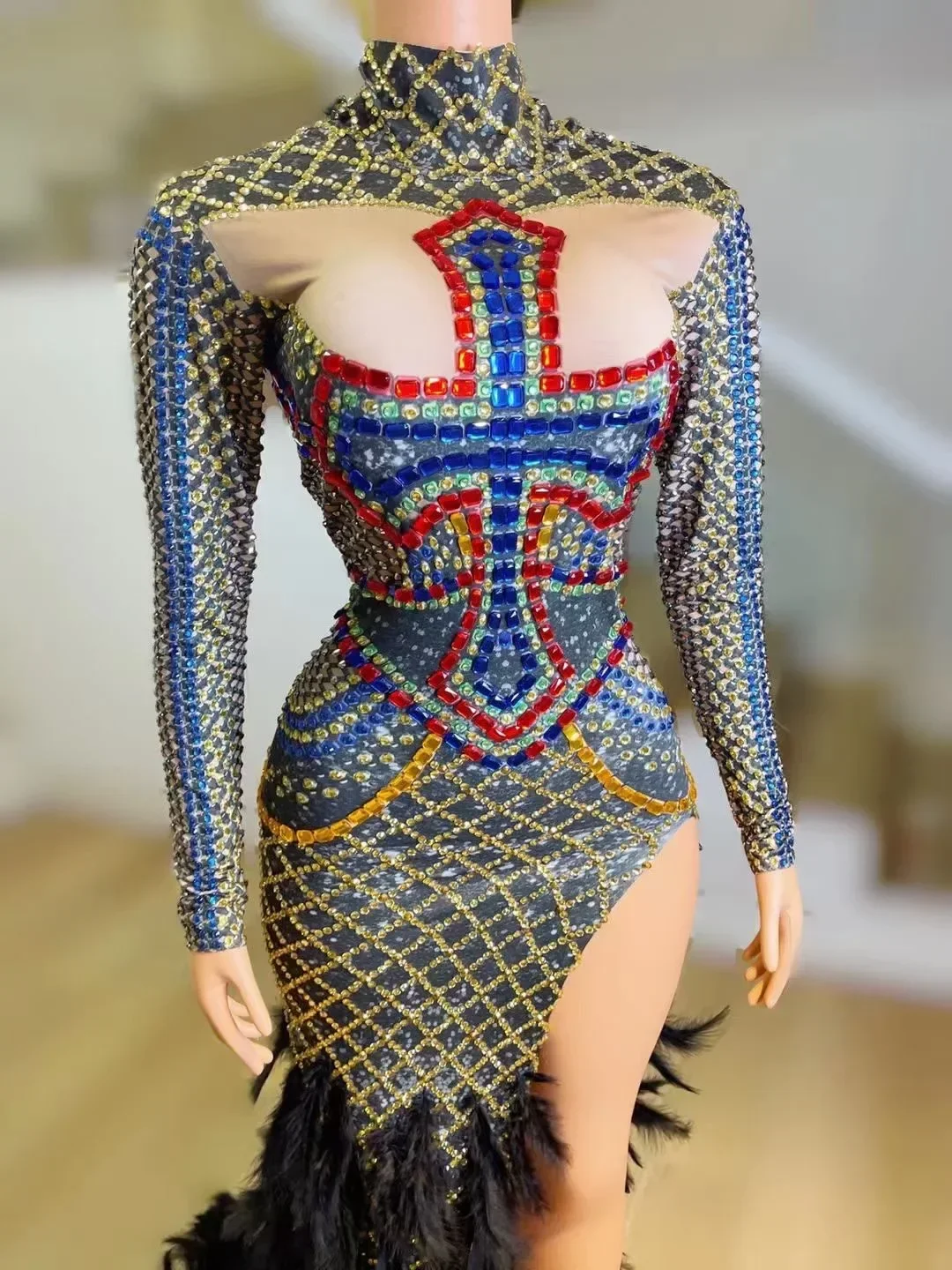 여성용 반짝이는 롱 라인스톤 DJ DS 고고 댄서 드레스 공연 무대 의상 깃털 드랙퀸 코스튬