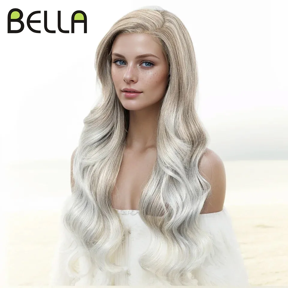 Bella 26 Inch Body Wave C Part Wigs Synthetic Lace Front Wigs Ombre Blonde Highlight Glueless Deep Wave Cosplay Wigs For Women