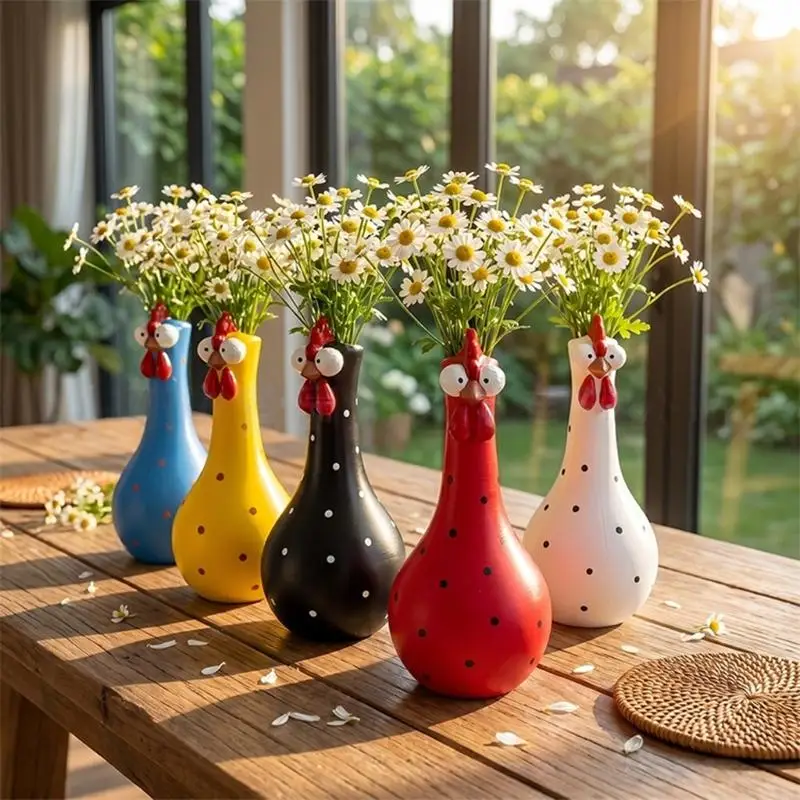 Hals Bunte Dot Huhn Vasen Harz Kunst Skulptur Dekore Für Home Desktop Display Blumen Arrangement 87HA