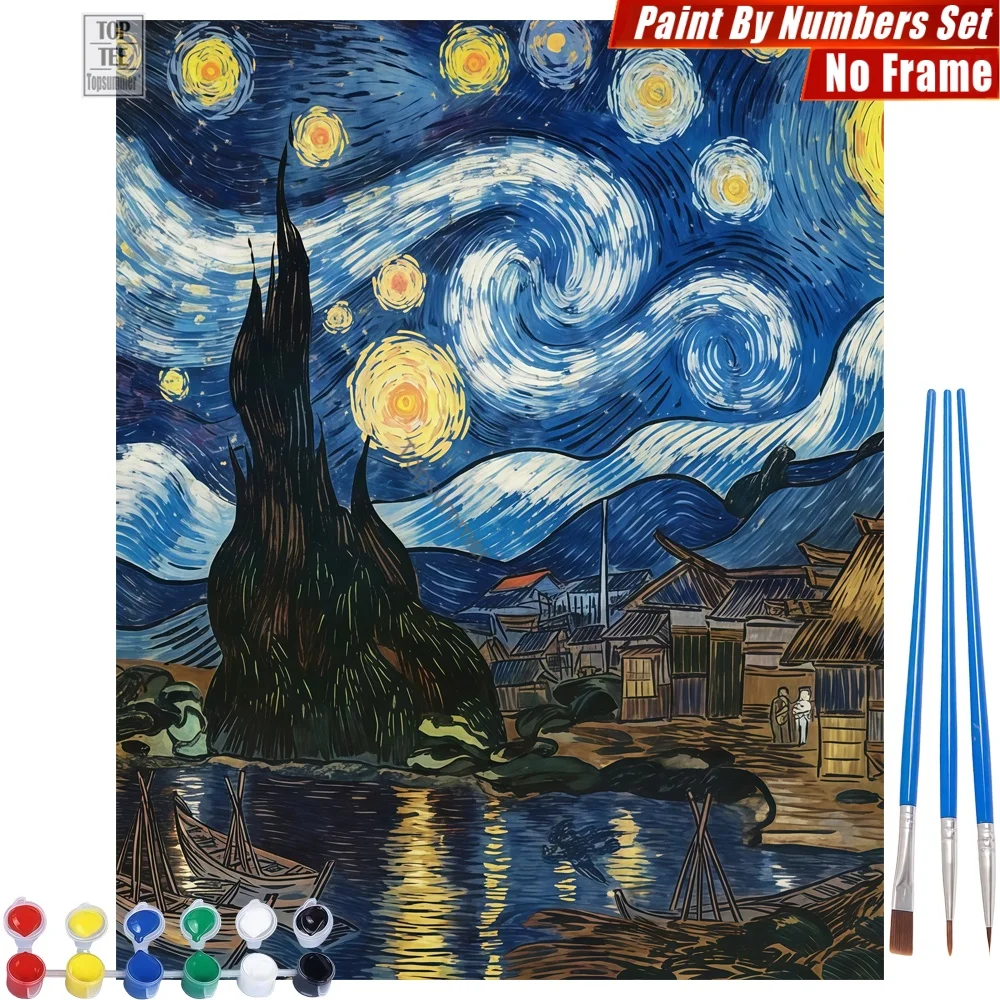 

Набор для рисования по номерам «Звездная ночь» — рисунок с рекой, зданиями и небом на холсте, настенное искусство, подарок на День благодарения для бабушки