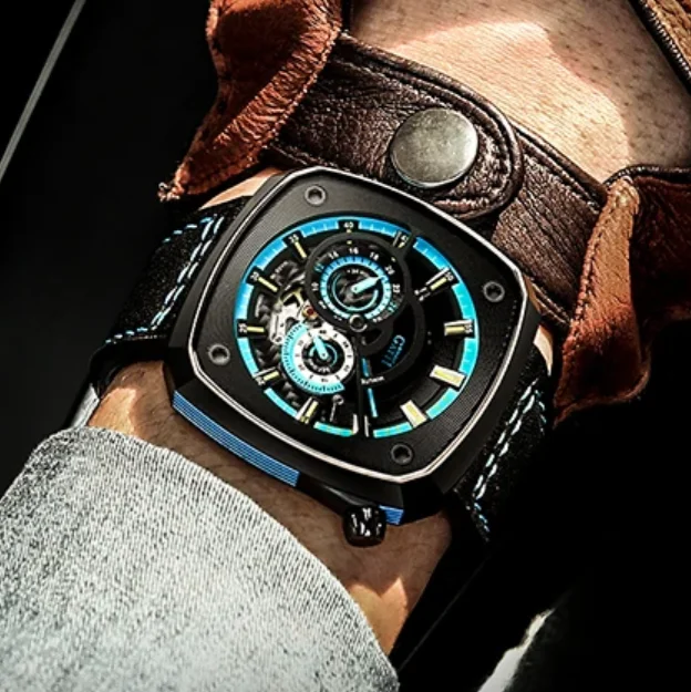 BONEST GATTI Men Automatic Watch Square Mechanical Wristwatch Skeleton Dial Waterproof Sapphire Mirror Luminous Leather Strap