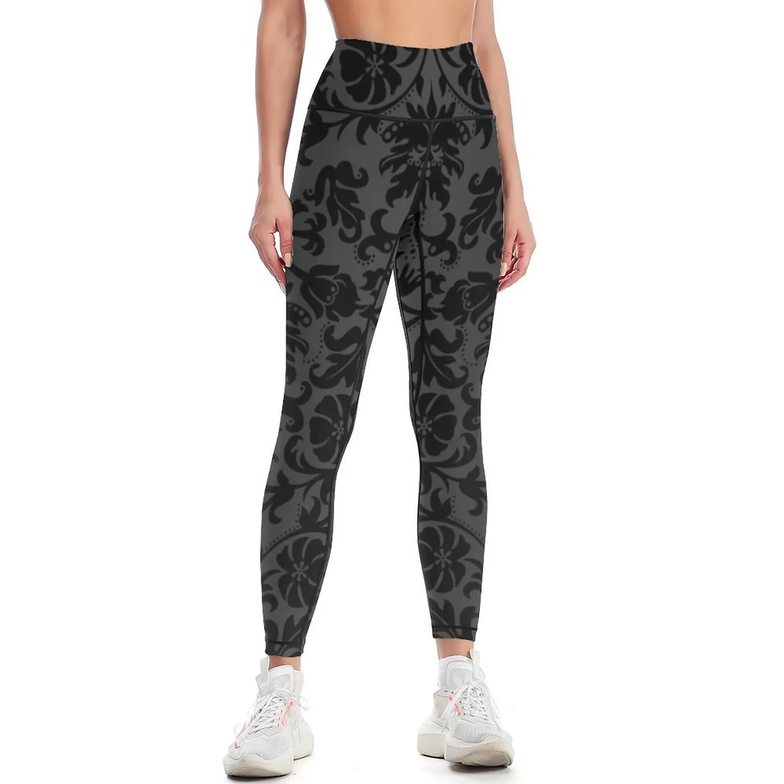 Leggings florais damasco para mulheres, roupas de treino, calças esportivas, leggings de ginástica, fitness, preto