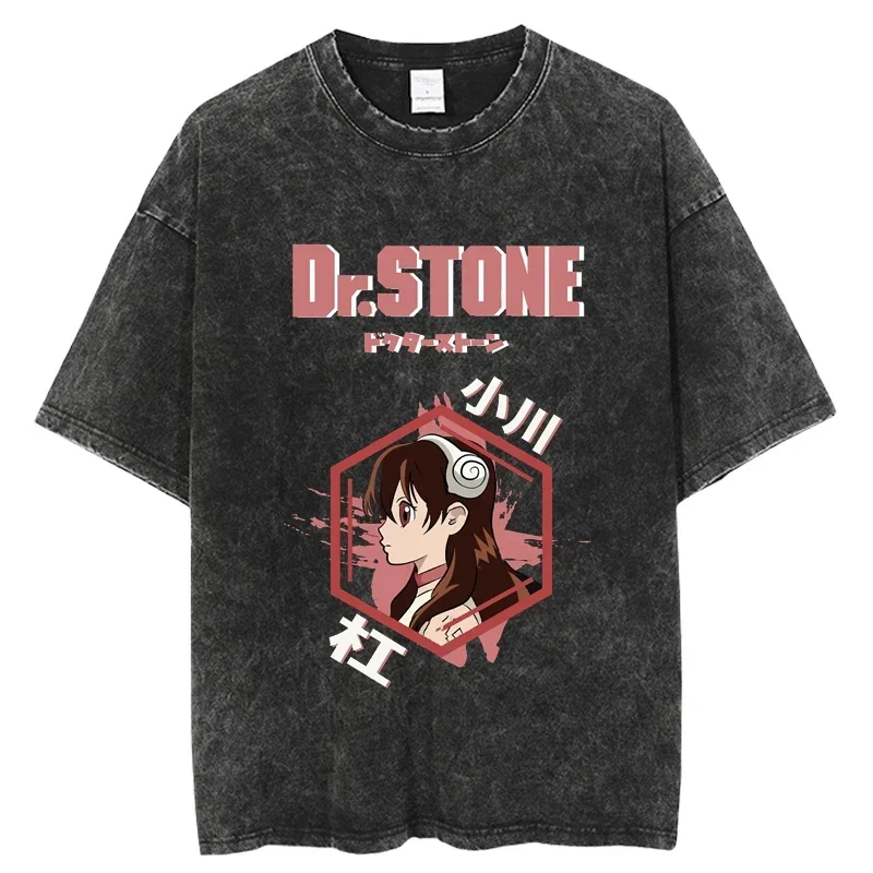 Punk Dr Stone Vintage Washed Tshirts for Men Digital Printing Anime Graphic T Shirt High Quality Women Harajuku Oversize Tee