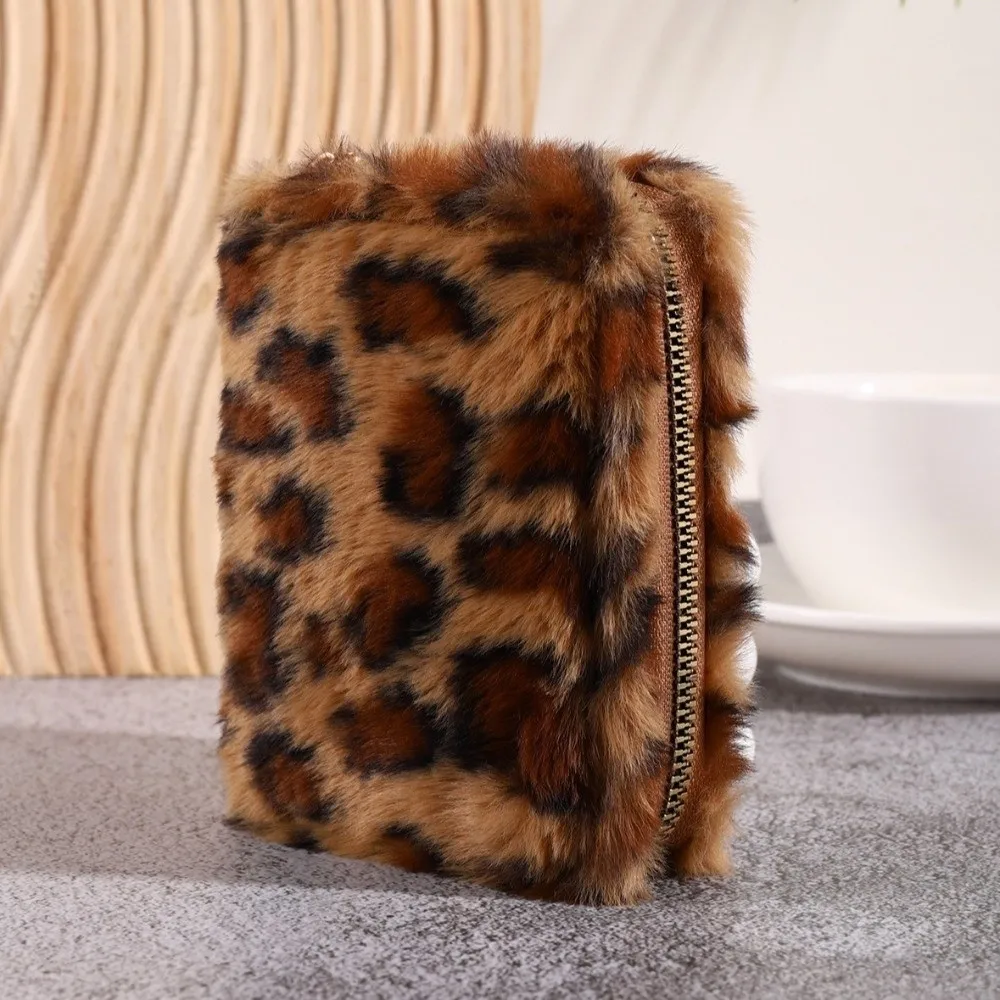 Furry Leopard Print Coin Purse Large Capacity Soft Zipper Wallet Travel Organizer Multi-Card Slot Short Card Holder Cosmetic
