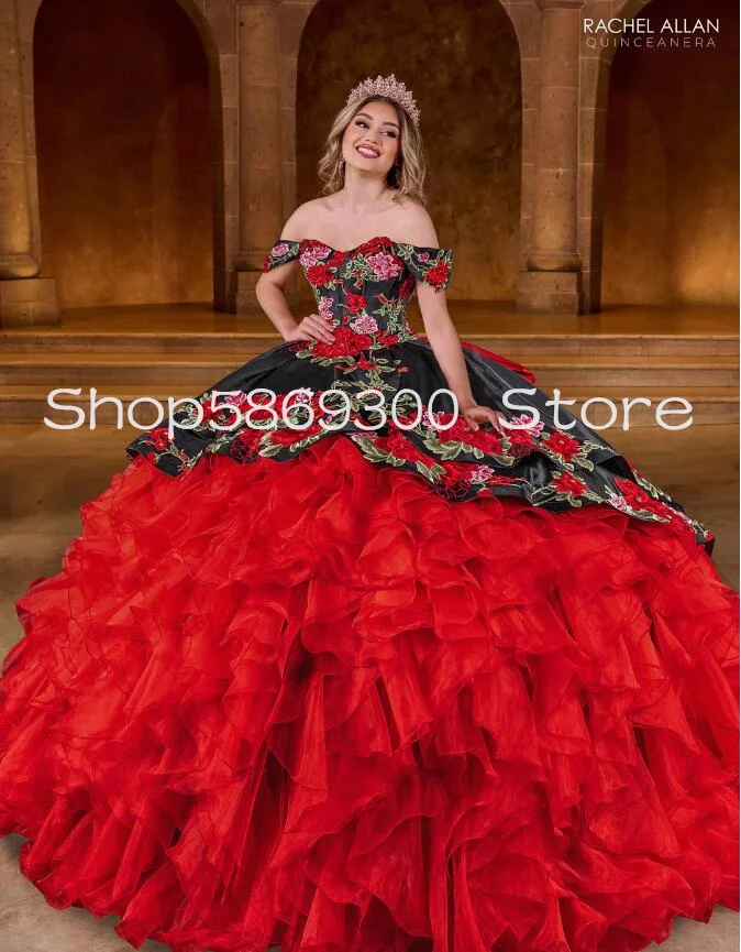 Vestidos florais mexicanos Charro com babados Quinceanera, Babados fora do ombro, espartilho com cordões, vestido com grande arco, 15