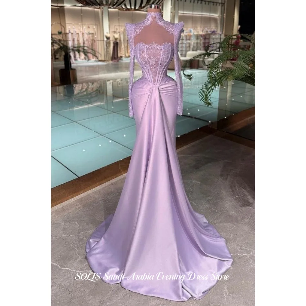 SOLIS Elegant Purple Prom Dress High Neck Evening Dress with Sheer Lace Corset Bodice Structured Mermaid Party Dress Customized