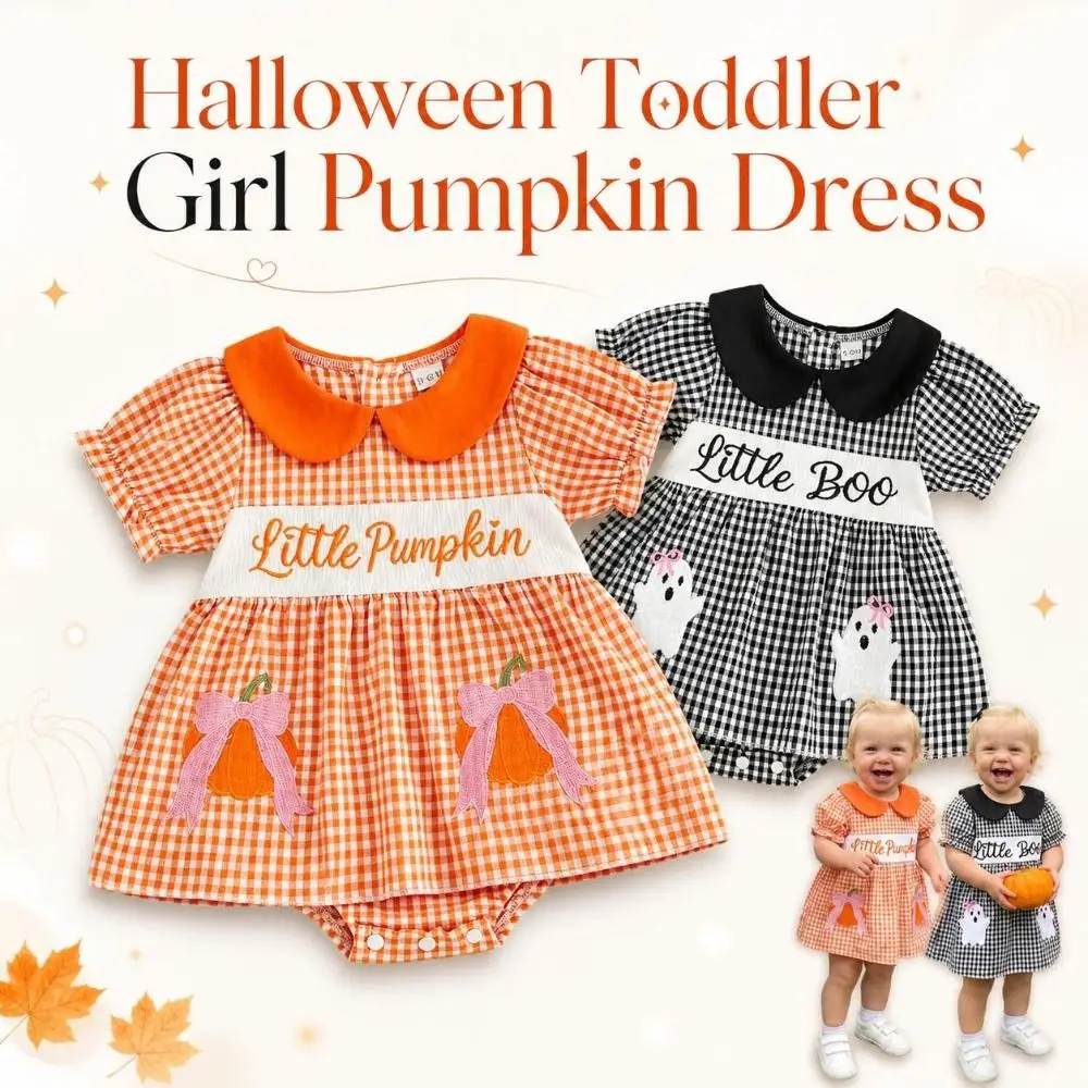 Collared Toddler Girl Pumpkin Dress Breathable Loose Kids Halloween Plaid Dress Lightweight Embroidered Puff Sleeve Baby Dress