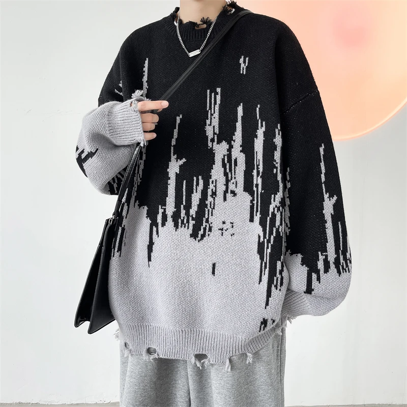 Fashion Men\'s Sweaters Tie-dyed Contrast Graffiti Hip Hop Clothing Cut Broken Knit Pullovers Oversize Streetwear Jumper for Man