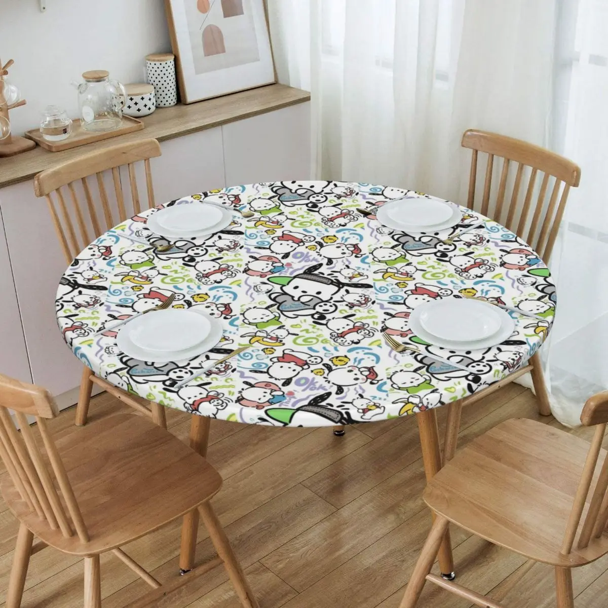 Customized Round Fitted Pochacco Sanrio Cartoon Table Cloth Waterproof Tablecloth 40