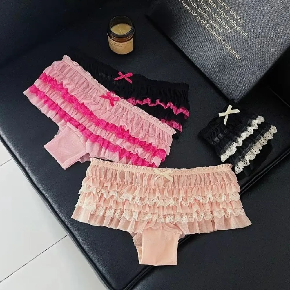 Cotton Crotch Women's Lace Panties Lace Trim Sweet Bow Ruffled Lace Panties Breathable Mesh Layered Ruffles Women's Underwear