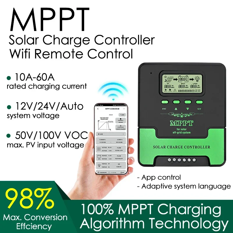 

MPPT Solar Charge Controller with WIFI 10-60A 12V 24V LCD Solar Panel Charge Regulator for Lifepo4 Lithium Acid Lead Battery