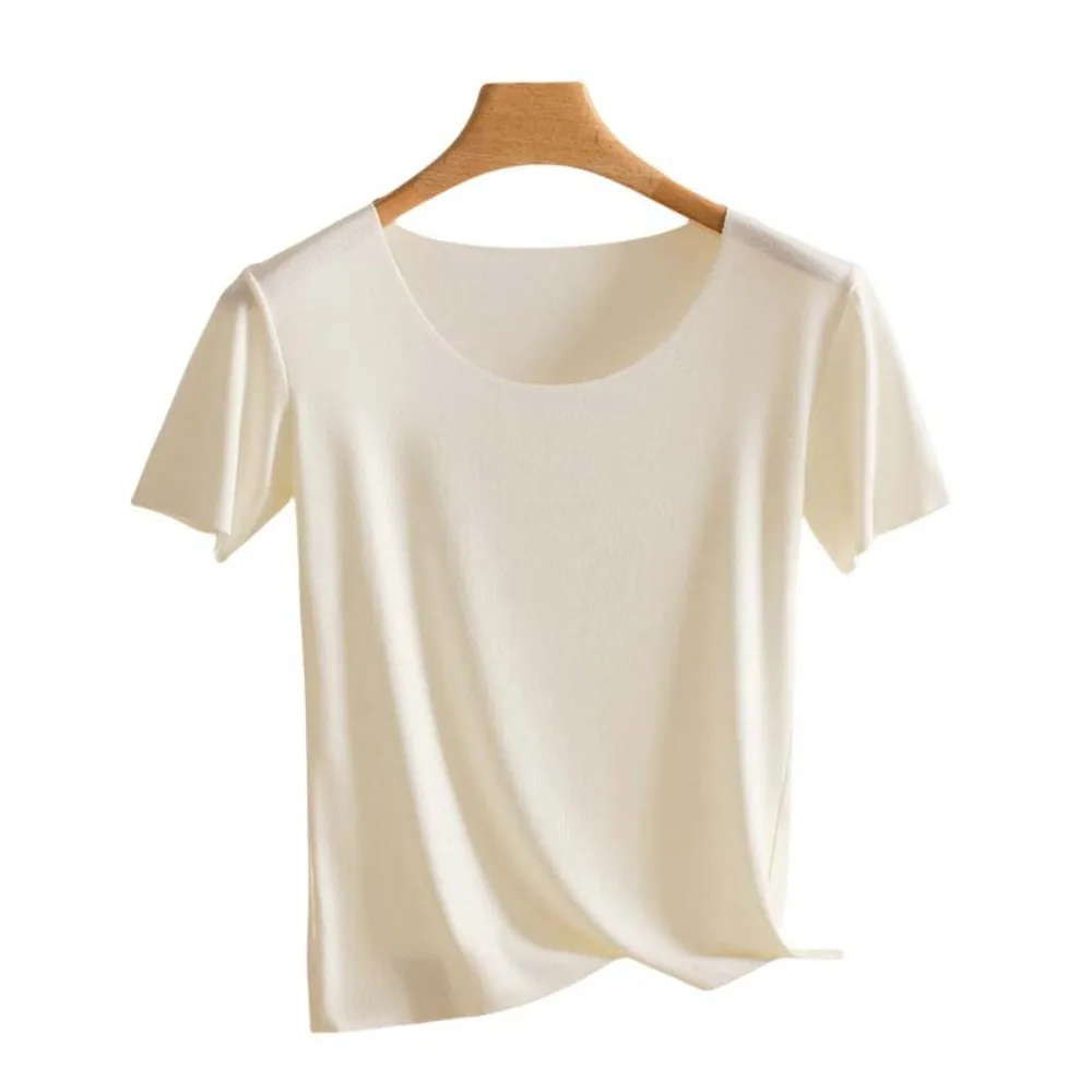 

Elegant U Round Neck Women Thin T-shirts Korean Style Solid Color Female Crop Tops Non Trace Streetwear Base Shirt Spring Summer