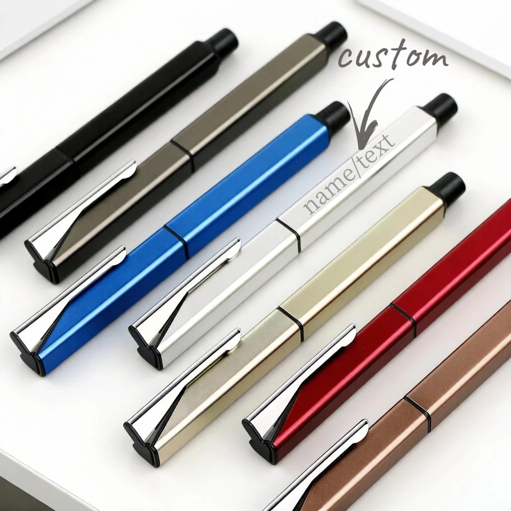 Customizable neutral pens with personalized text, square-shaped business metal signature pens available for custom logo engravin