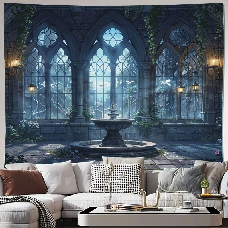 Elegant Gothic Arched Window Tapestry Wall Hanging Fantasy Conservatory Fountain Scene Home Decor Large Print Romantic Manor Bac
