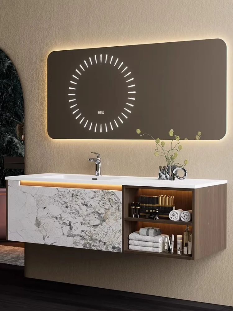 

Керамическая раковина из цельного камня, итальянский стиль, легкая роскошь, многослойный шкаф для ванной из массива дерева без покрытия, индивидуальный заказ