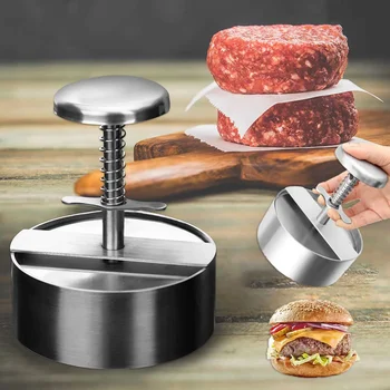 Hamburger Patty Maker Press 304 Stainless Steel Non-Stick Round Manual Rice Ball Mold Thickness Adjusted Kitchen Beef BBQ Tools