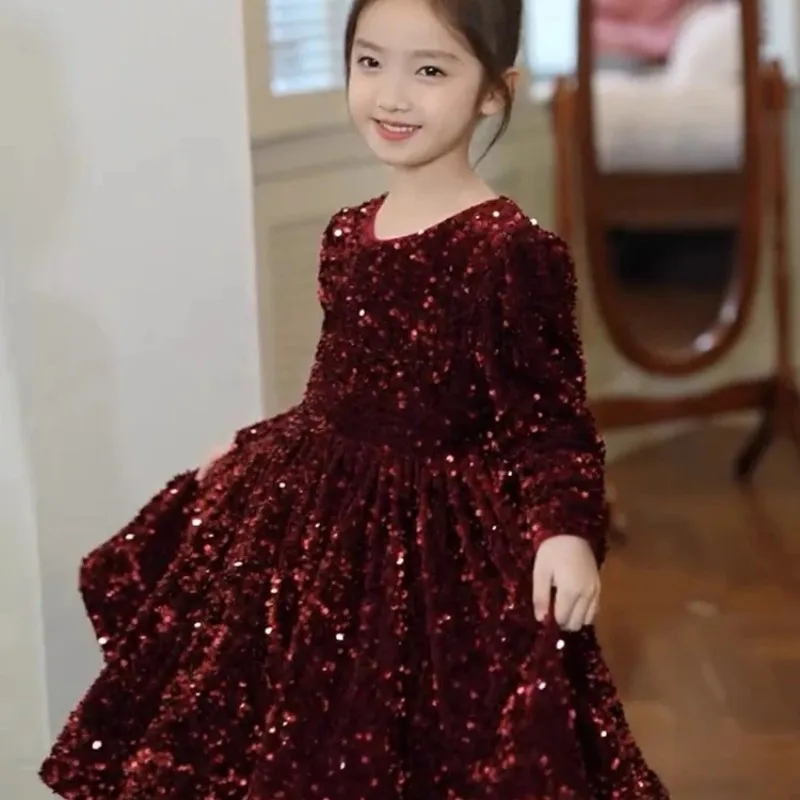 

Платье для девочек Весна/Лето 2026 Новинка: Детское платье на день рождения, Платье принцессы, Блестящее красное платье для Нового года