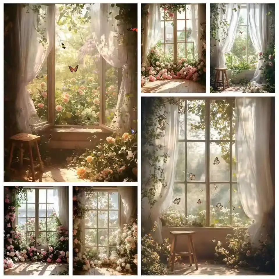 

Spring Flower Garden Window Sunshine Curtain Backdrop for Photography Maternity Portrait Wedding Birthday Party Photo Background