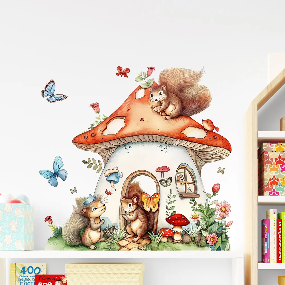 Cartoon Mushroom House Squirrel Children's Room Home Background Decoration Beautification Wall Stickers Decor Decals M921