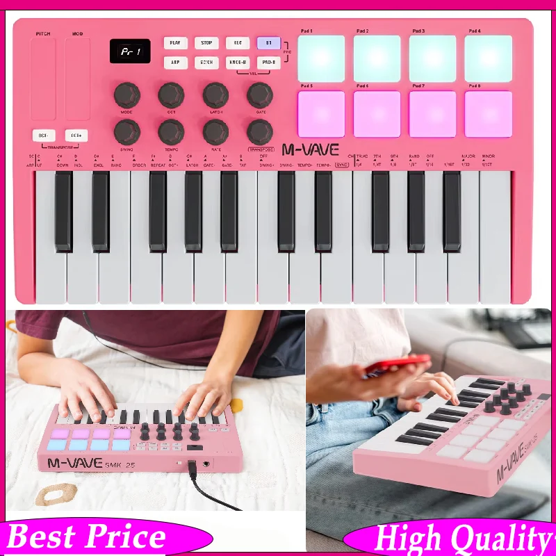 

M-VAVE Pink SMK-25 MIDI-контроллер с 8 RGB-пэдами и 8 программируемыми 360-градусными кнопками ° кнопки/Bluetooth 5.0/интерфейс USB-B типа