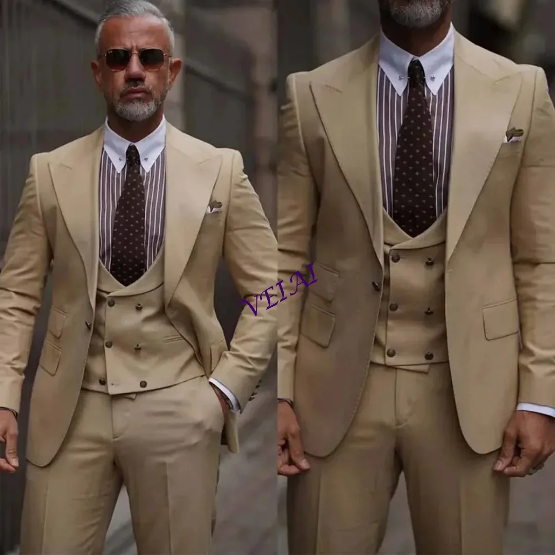 Solid Color Men's Slim Fit 3pc Business Suit Set - Tailored One Button Lapel Jacket Pants Vest High Quality