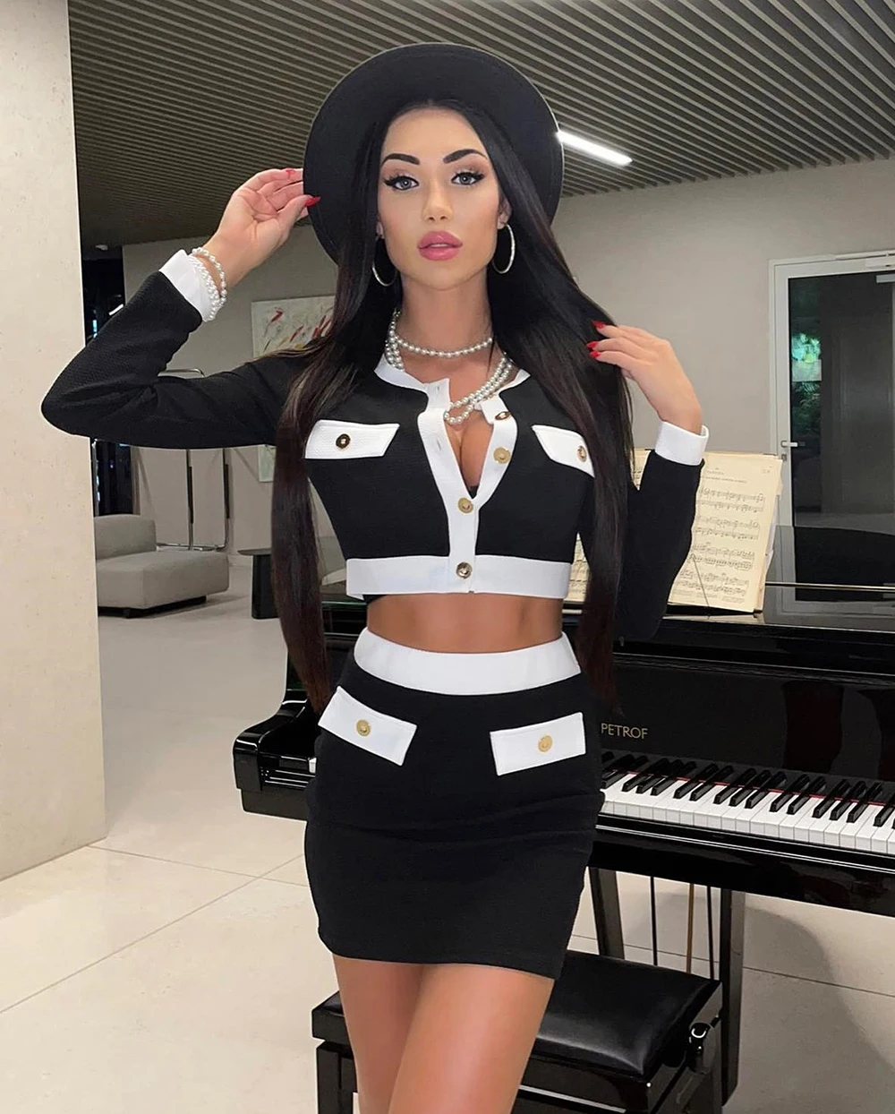 Ailigou Free Shipping 2022 New Summer Chic Color Block Button Design Two Pieces Set Celebrity Party Club Bandage Suit