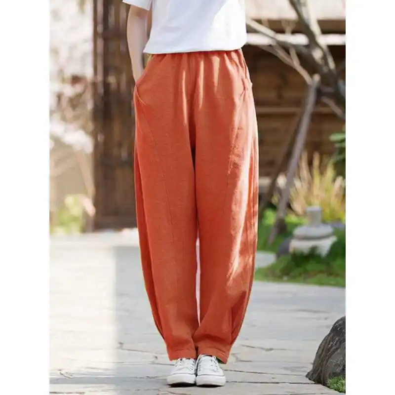 กางเกงฮาเร็มทรงหลวม ปลายขาจั๊ม เอวยางยืด รุ่นปี 2025 สำหรับฤดูใบไม้ร่วงและฤดูหนาว ไซส์พลัส สไตล์จีนย้อนยุค ใช้งานได้หลากหลาย สวมใส่สบาย
