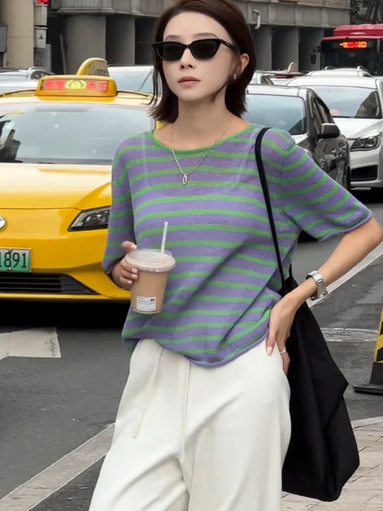 Camiseta holgada de punto transpirable coreana Sle a rayas ort Sve, camiseta moderna de verano, ropa superior de seda para mujer