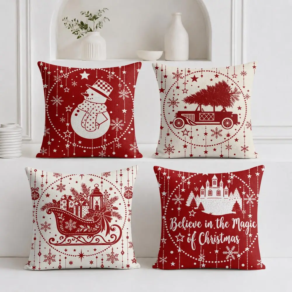4PC Merry Christmas Snowflake Cushion Cover Linen Fabric Double-Sided Printing Breathable Pillow Case for Sofa Home Decor Gift