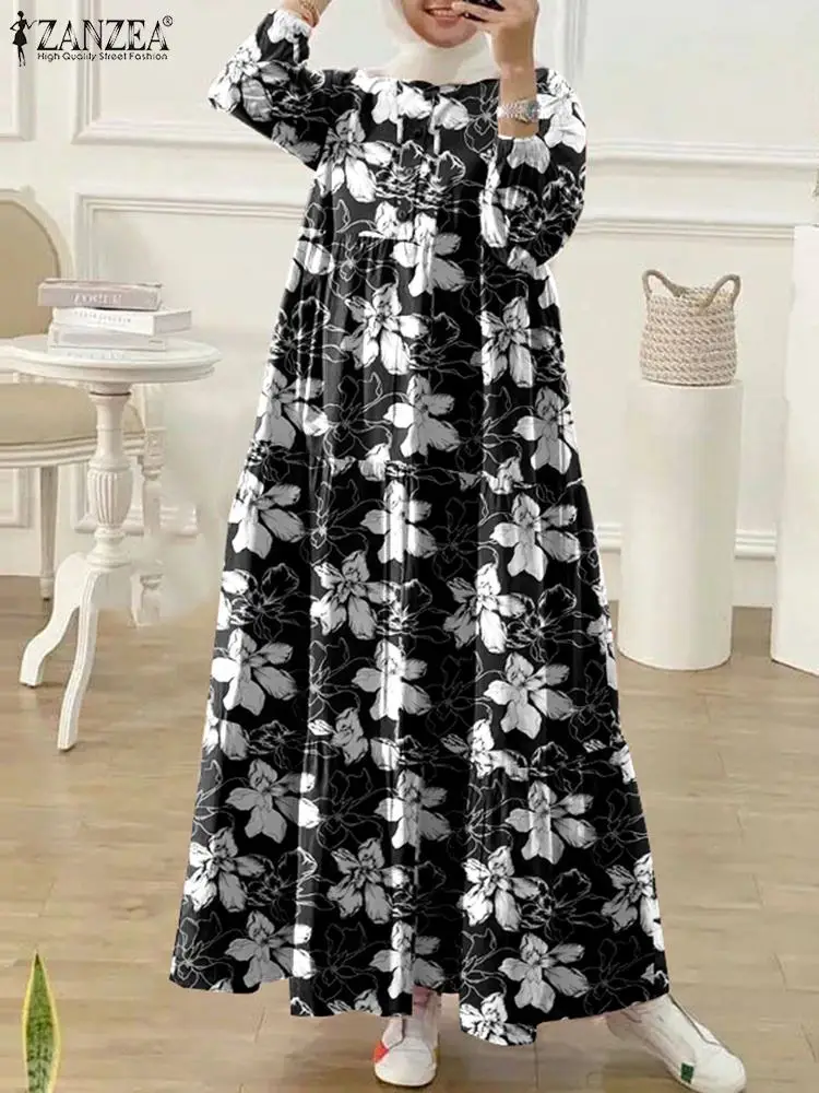 Bohemian Floral Printed Dresses ZANZEA Autumn Long Sleeve Buttons Up Vestidos Robe Femme Muslim Turkey Abaya HIjab Sundress 2024