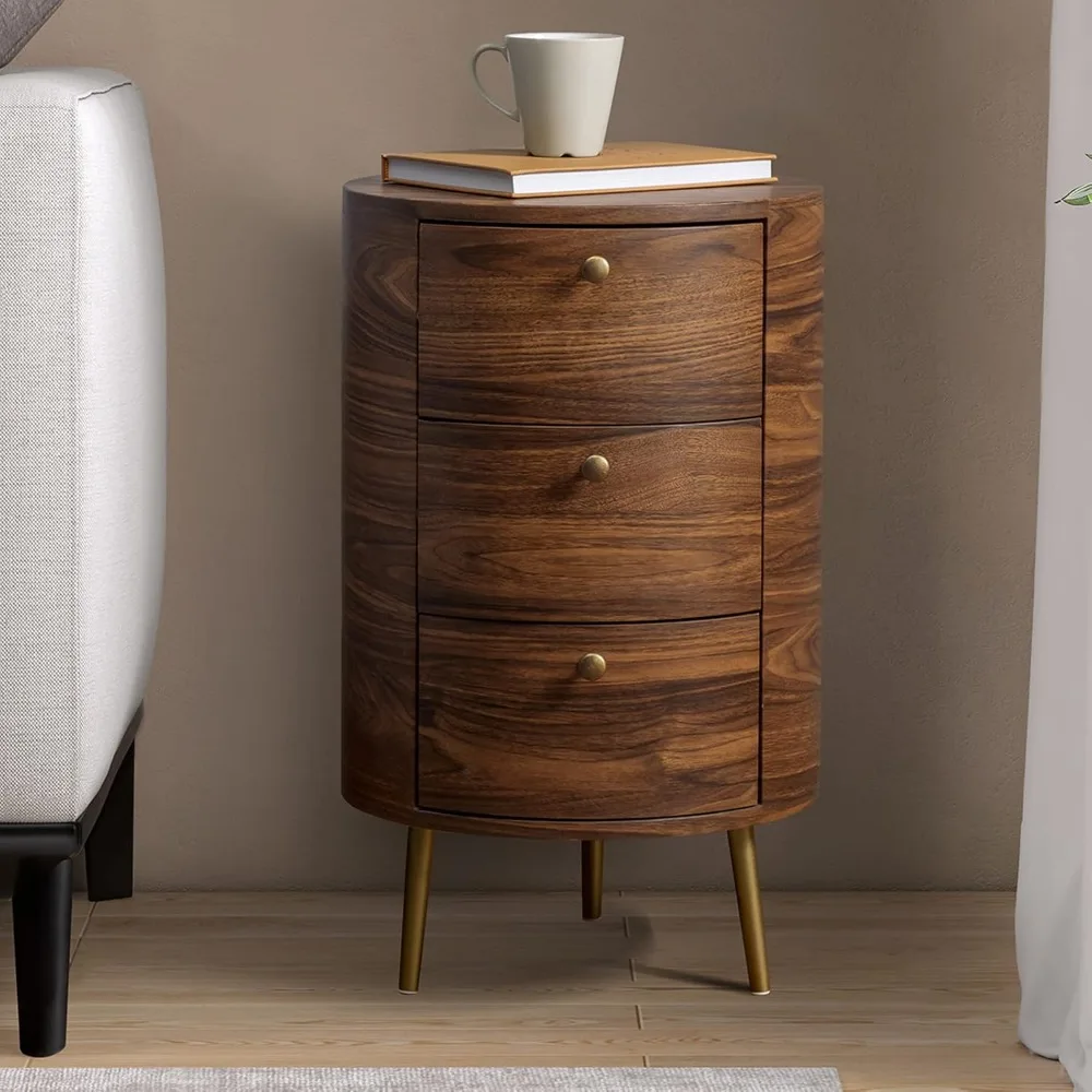 

Round End Table with 3 Storage Drawers, Mid Century Modern Small Side Table with Metal Legs, Farmhouse Wood Sofa Side