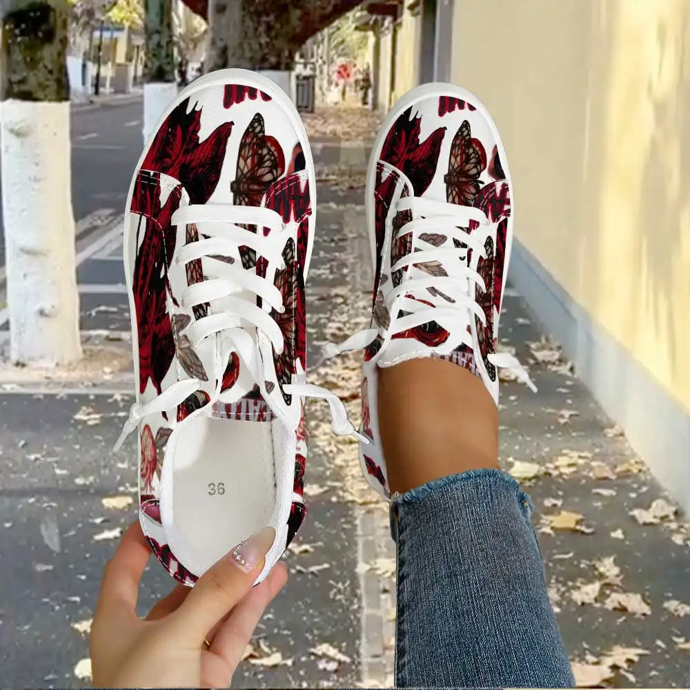 Women Gothic Canvas Sneakers, Red Moth Rose Eye Skull Print, Lace‑Up Low Top Casual Shoes for Party Daily Walking Wear