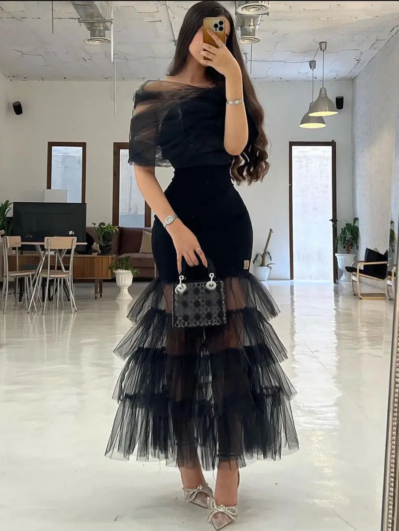 

Fashion Black Mesh Layers Party Dress Women Short Sleeves Sexy Bodycon Evening Dress Elegant Off The Shoulder Mermaid Prom Dress