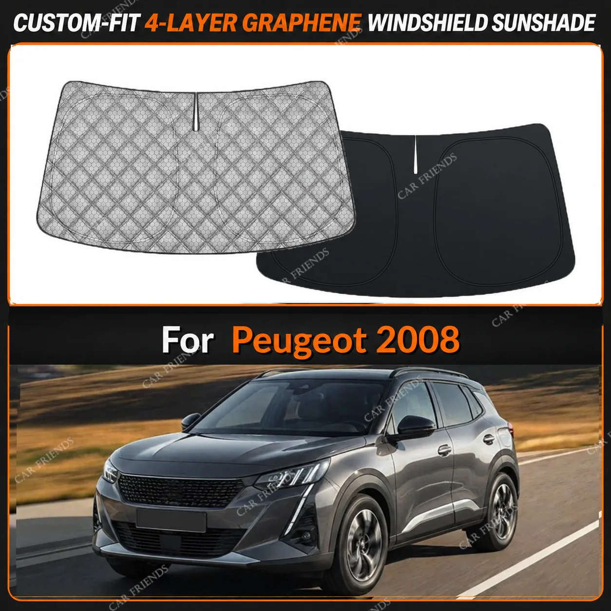 For Peugeot 2008 Custom-Fit 4-Layer Graphene Windshield Sunshade Reflective Gray-Silver Surface Helps Reduce Direct Sunlight