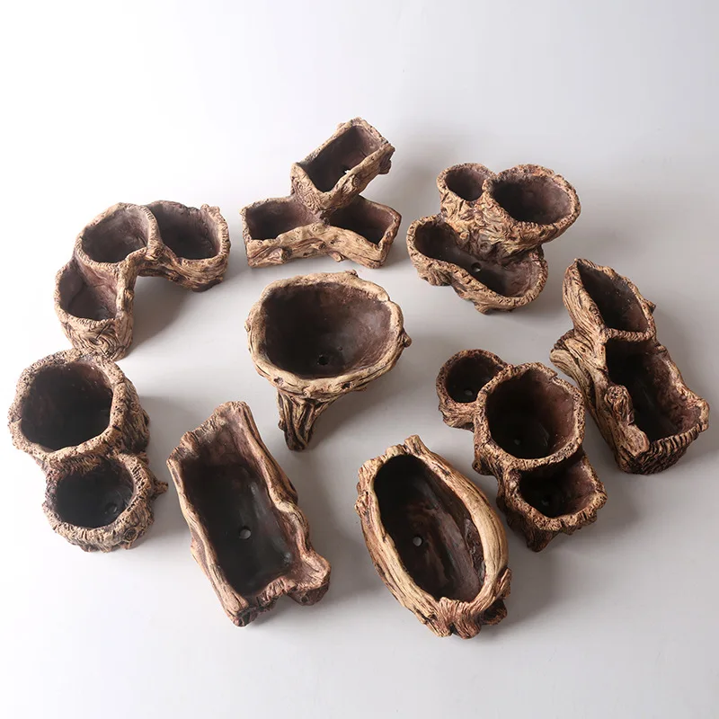 Maceta creativa de tocón de árbol de cemento, maceta doble, raíz de bonsái, maceta suculenta de estilo madera para micropaisaje, vegetación DIY